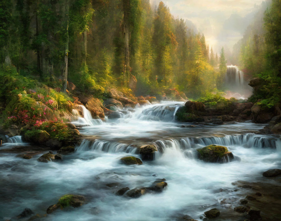 Tranquil forest scene: cascading waterfall, lush greenery & sunlight.