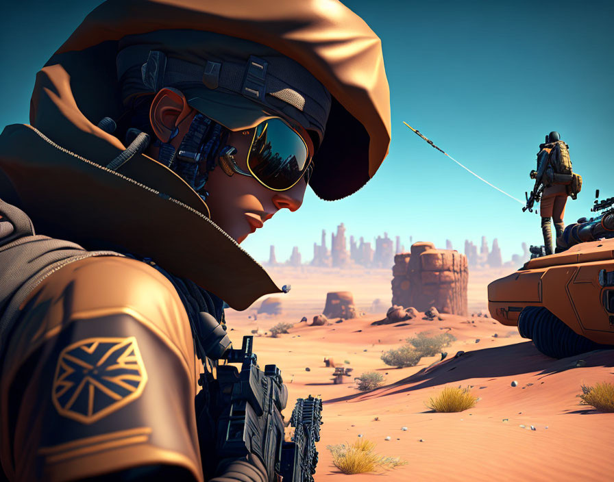 Futuristic soldier in blue goggles and wide-brimmed hat in desert with tank and another soldier