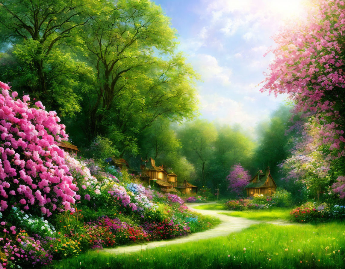 Vibrant pink flowering trees in lush green landscape