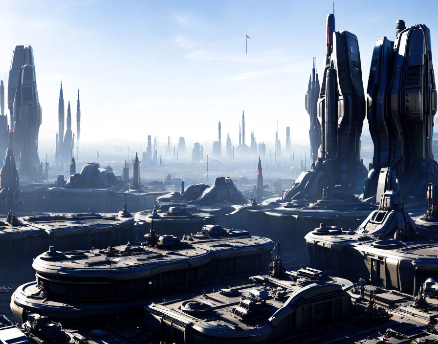 Futuristic cityscape with towering skyscrapers and advanced architecture