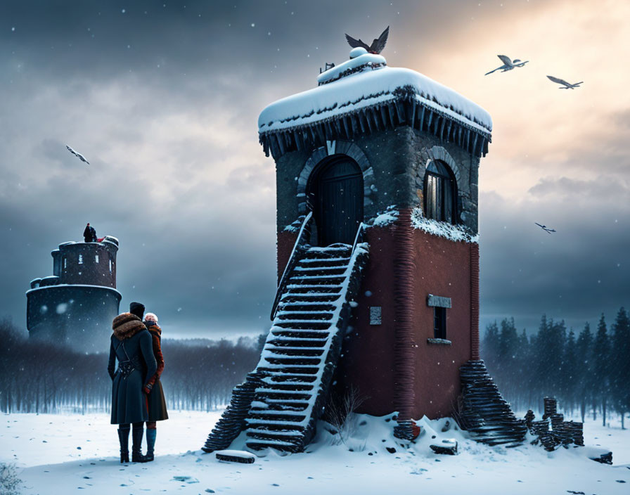 Couple Embraced in Snowy Landscape with Old Towers and Birds in Twilight Sky