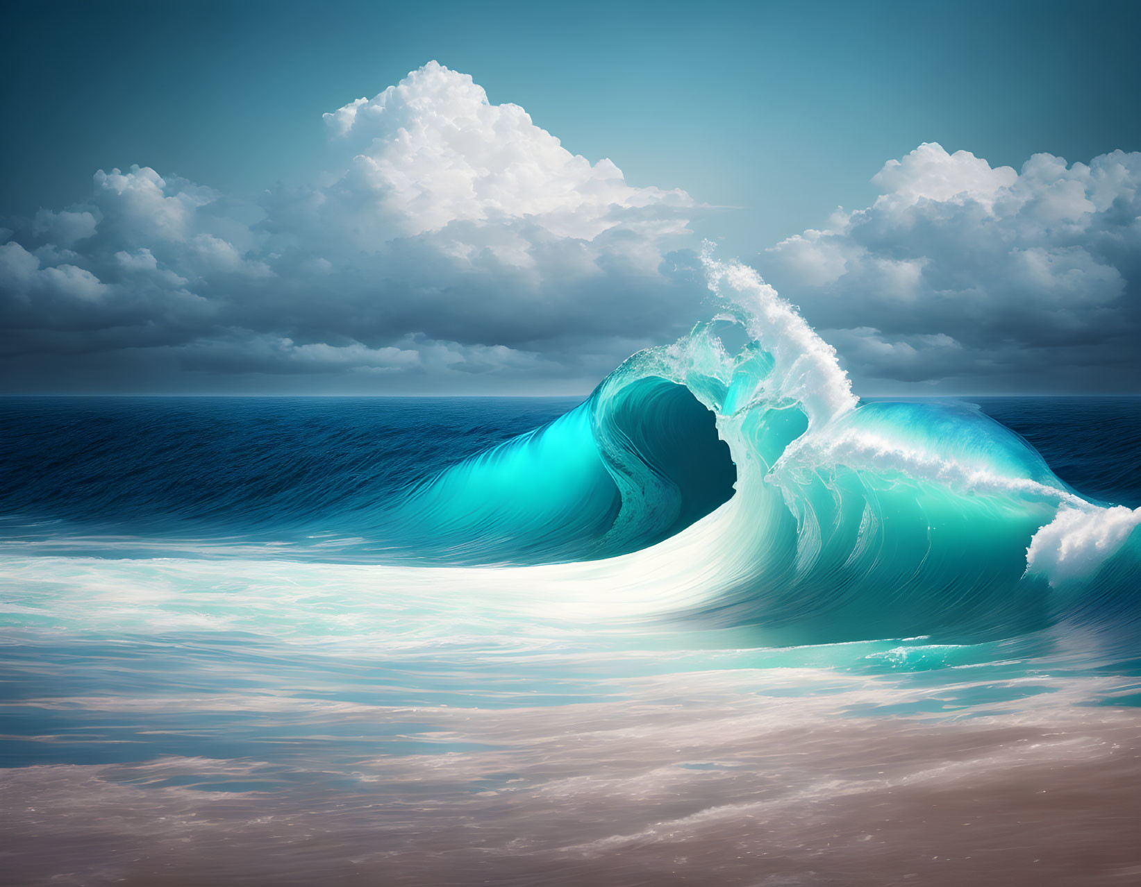 Turquoise Wave Cresting Against Dramatic Clouds