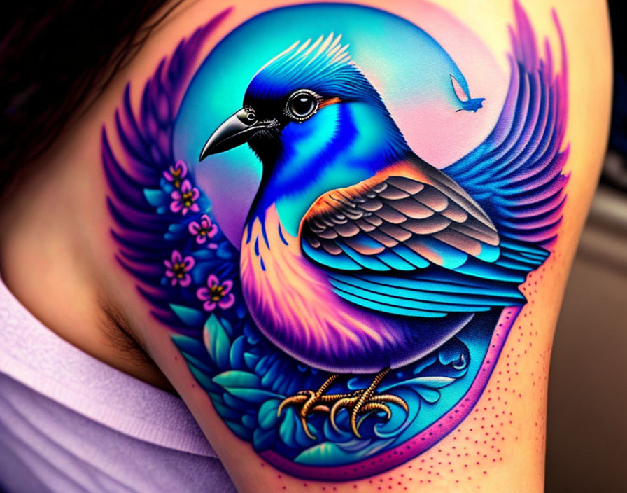 Detailed blue bird tattoo with floral elements on arm