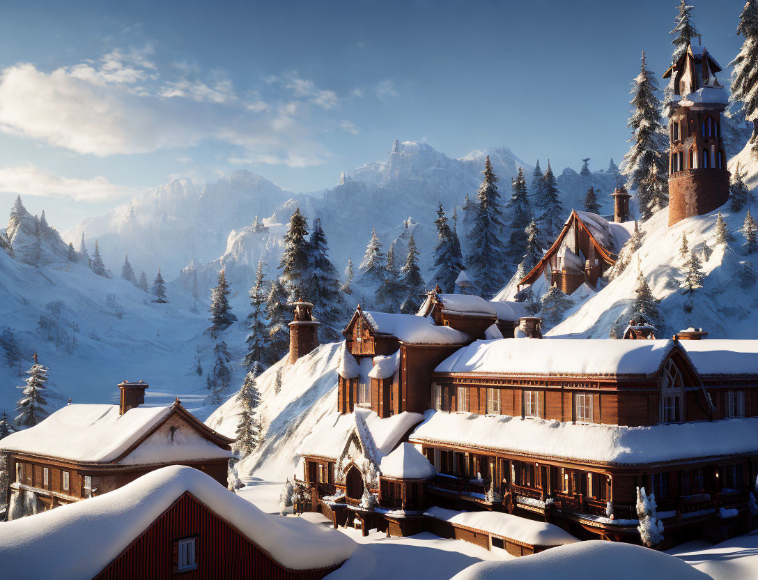 Winter scene: Snow-covered chalets in mountain village under clear blue sky.