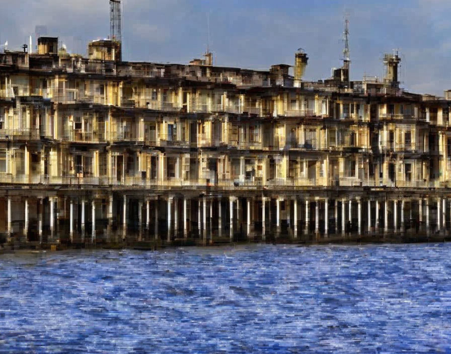 Weathered apartment buildings reflected in wavy water under cloudy sky