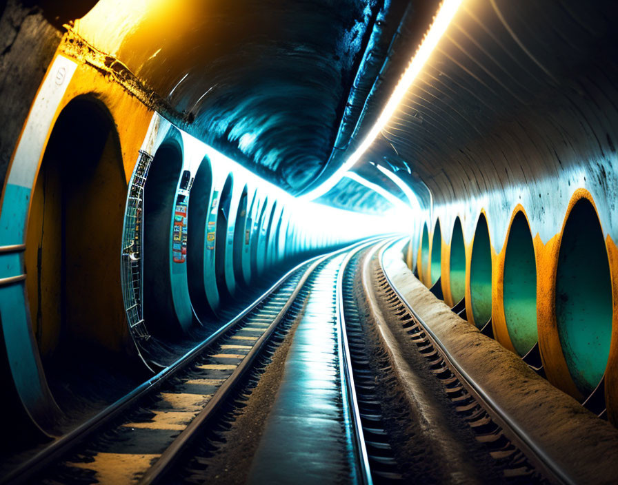 Underground railway tunnel with curved tracks and colorful lights.