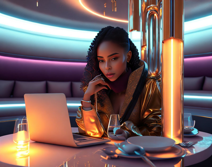 Woman in Gold Jacket at Futuristic Bar with Laptop and Neon Lighting