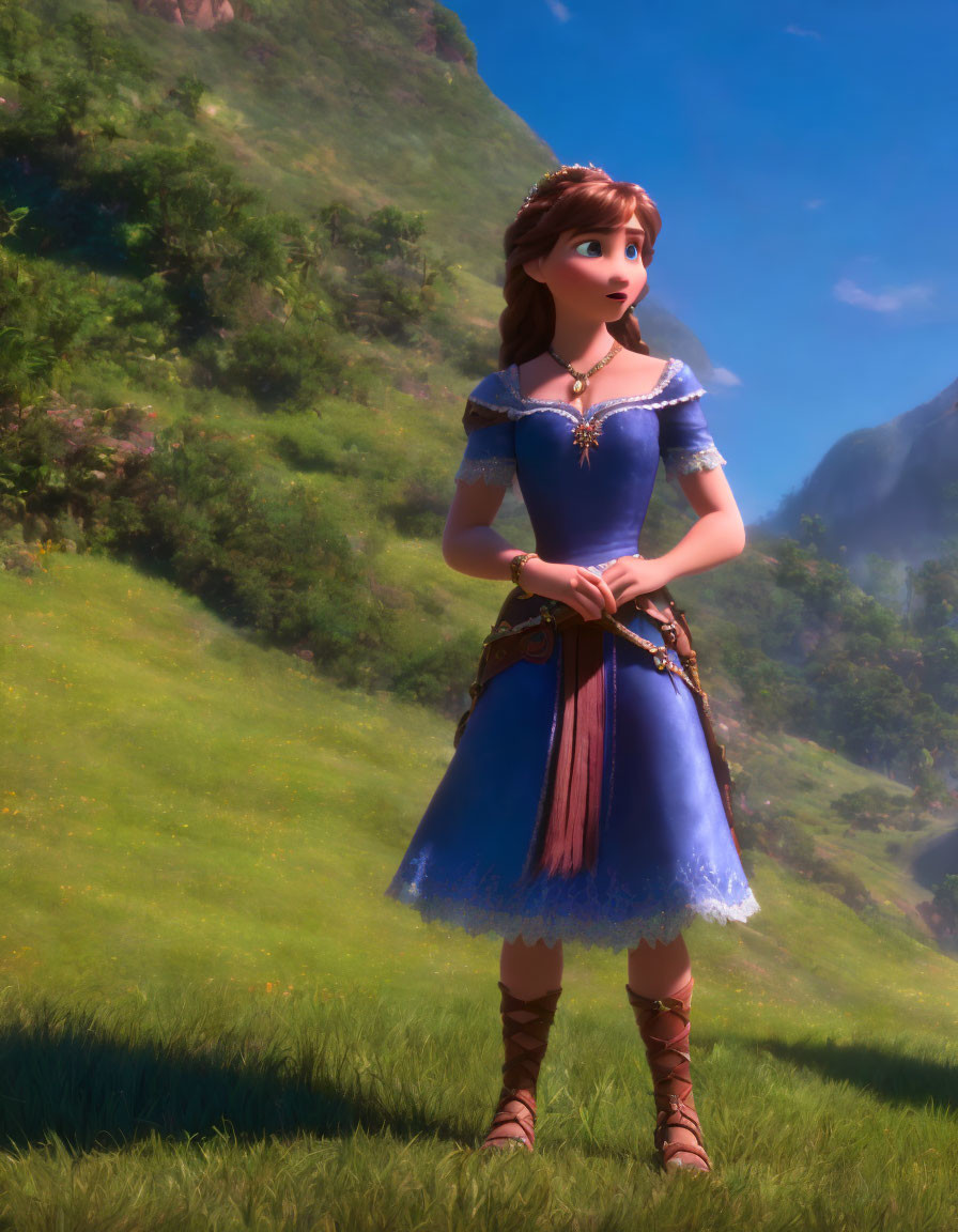 Blue-dressed animated character in sunny meadow landscape