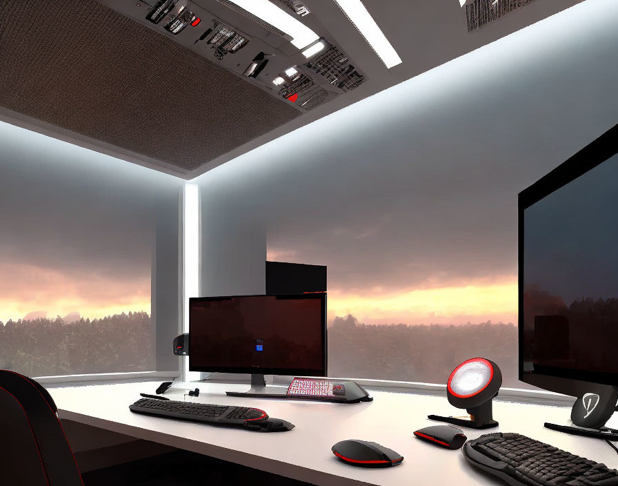 Contemporary workspace with multiple monitors, backlit keyboard, mouse, desk lamp, and forest sunset view