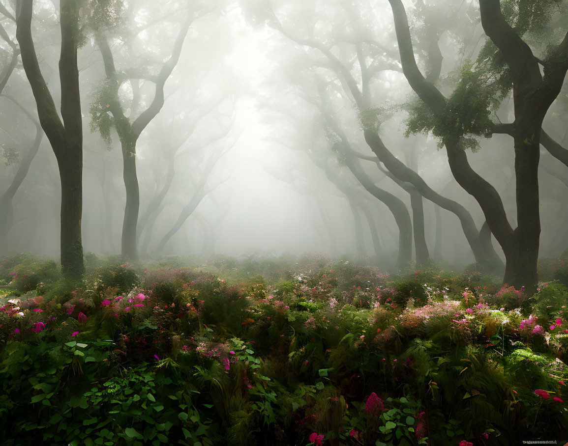 Enchanting forest with fog, intertwined trees, pink and purple flowers, and piercing light rays