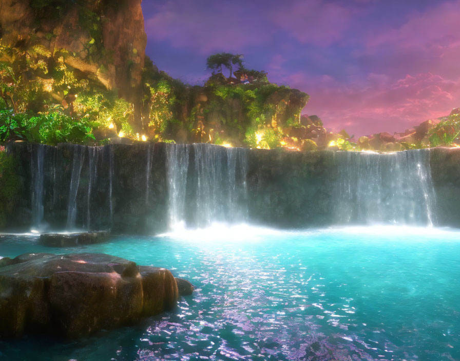 Tranquil waterfall cascading into lush blue lagoon