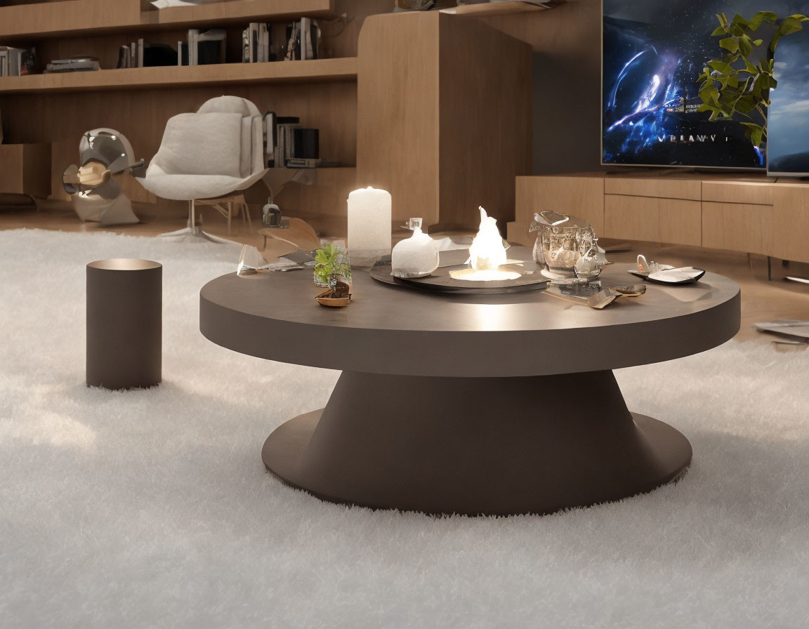 Contemporary living room with round coffee table, candles, teapot set, fluffy carpet, and galaxy