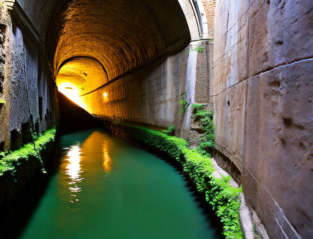 Tranquil water canal under illuminated archway with moss-covered wall