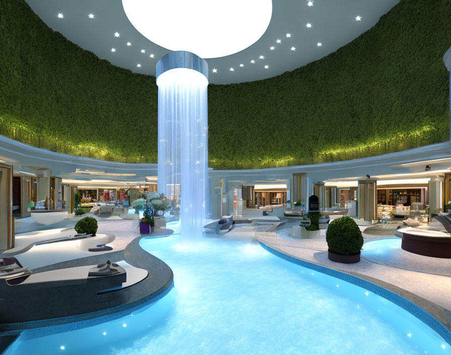 Luxury Indoor Mall with Illuminated Waterfall, Blue Stream, and Starry Ceiling