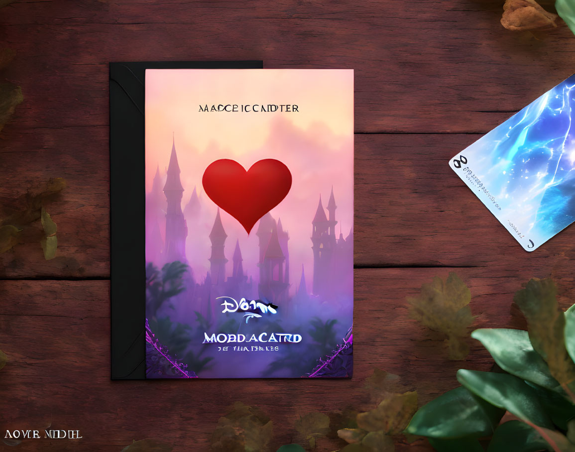 Book cover with heart and castle silhouette, leaf, and water-themed card on wooden surface