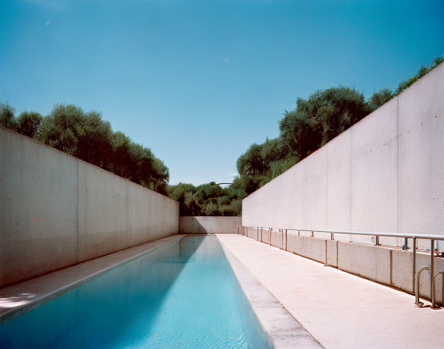 Tranquil outdoor swimming pool with concrete walls and green bushes