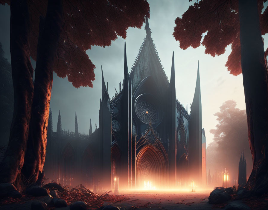 Gothic Cathedral Surrounded by Misty Forest at Dusk