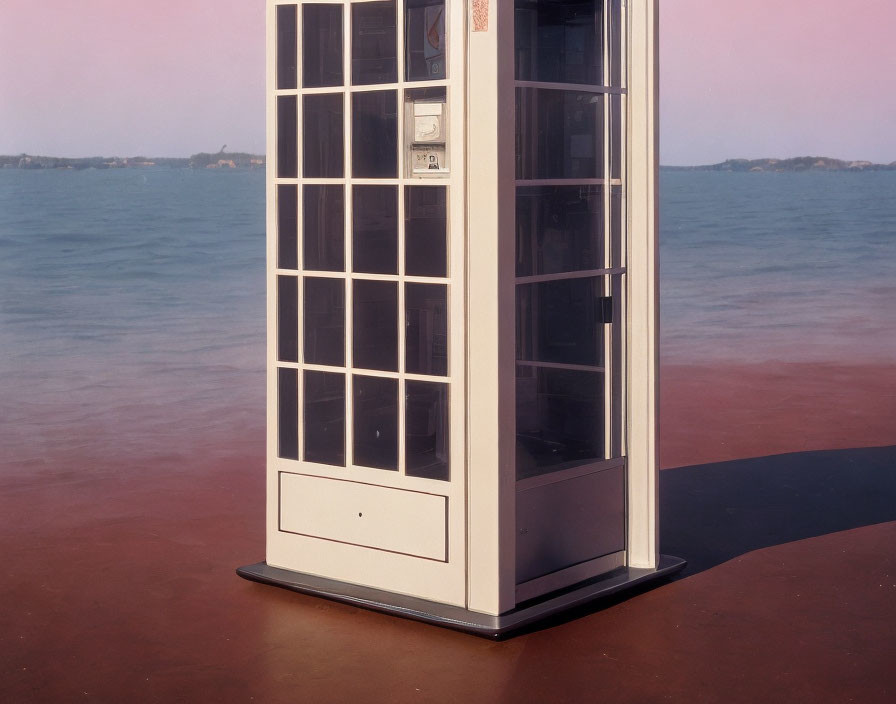 White Phone Booth on Pink Surface by Tranquil Blue Water