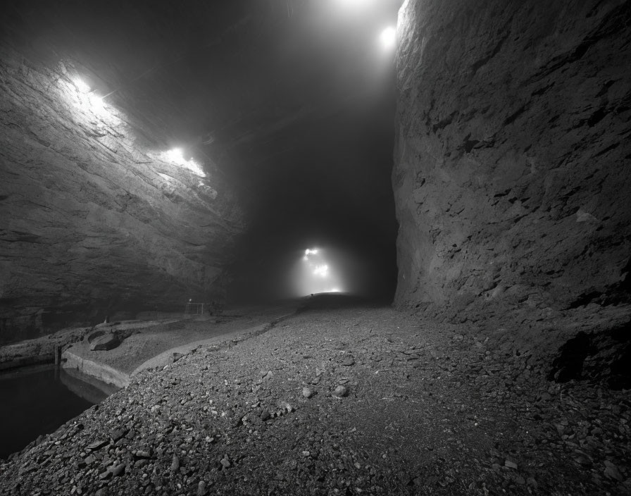 Large illuminated underground cavern with gravel path and reflective water