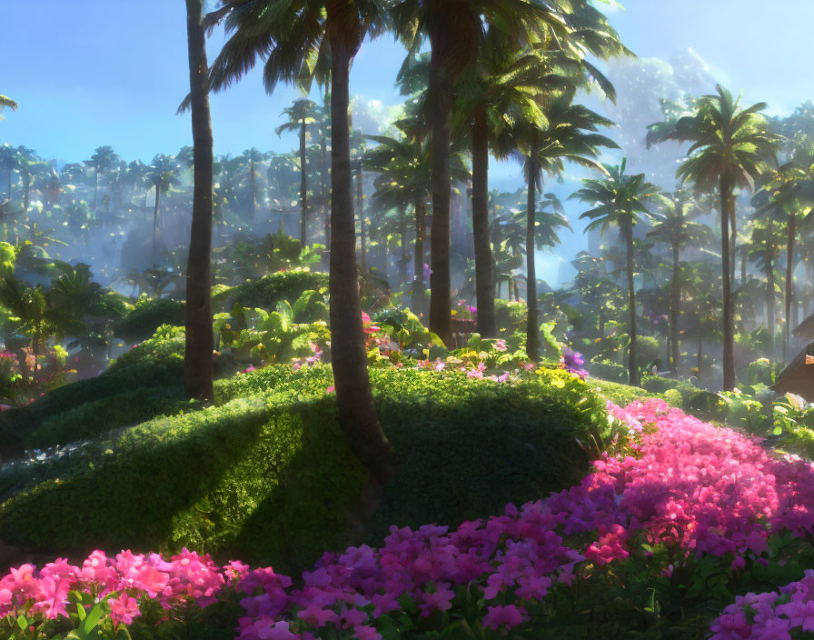 Tropical forest with pink flowers, palm trees, sunlight, and misty background