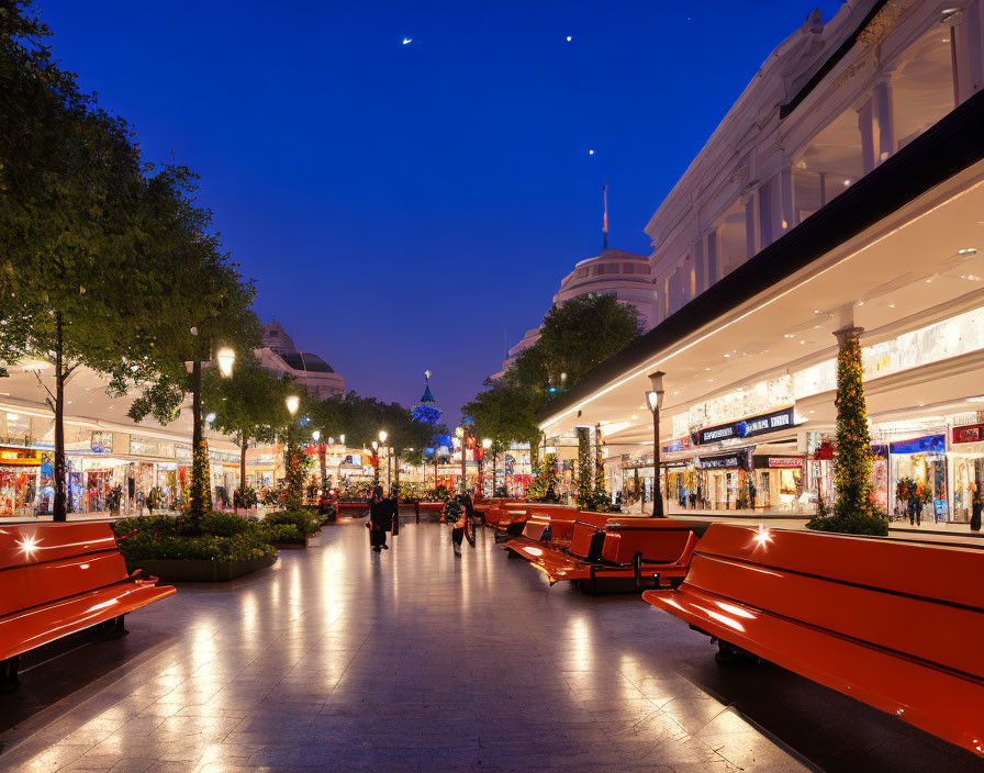 Pedestrian Promenade with Benches, Trees, and Storefronts at Dusk