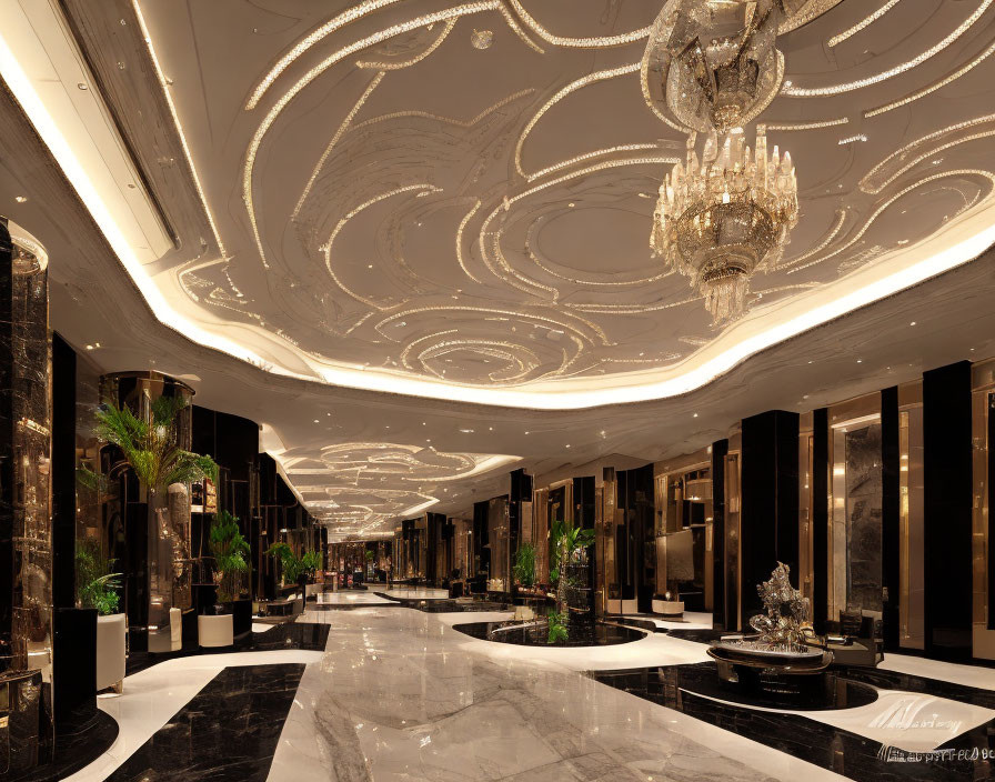 Luxurious Hotel Lobby with Marble Floors and Ornate Decor