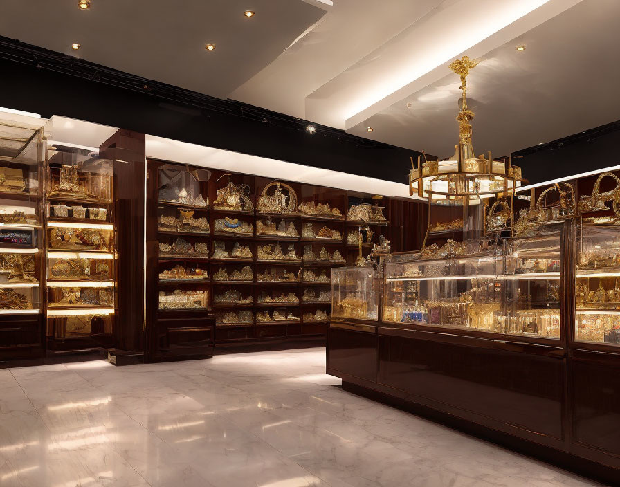 Luxury Boutique Interior with Gold Jewelry in Glass Cabinets