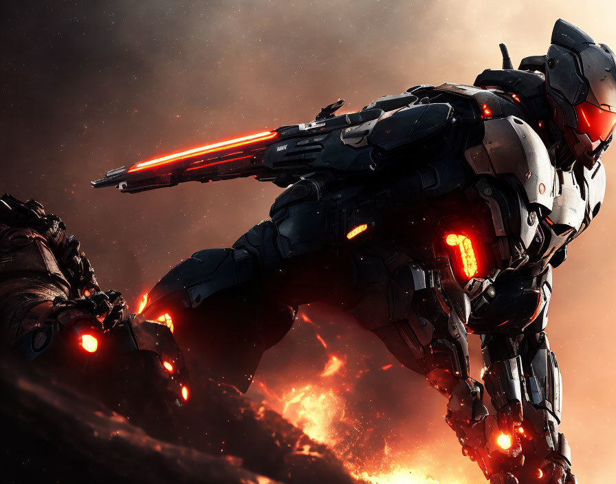 Menacing robot with red accents and charged weapon in fiery backdrop