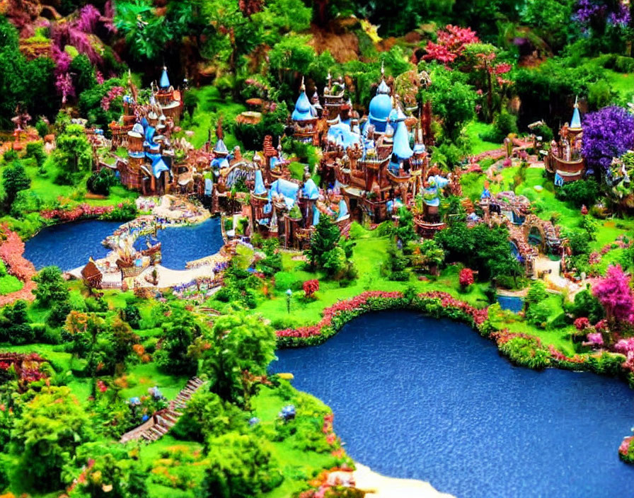 Colorful miniature fantasy village in lush green landscape