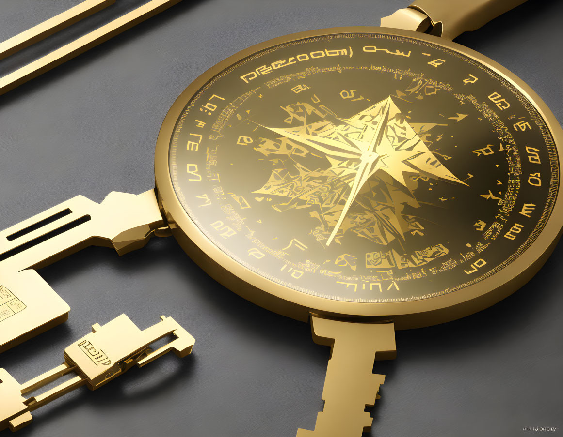 Intricate Golden Compass and 3D Gold Keys with Blue Shade