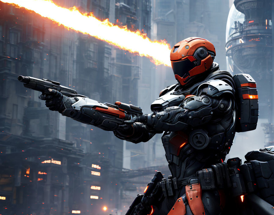 Armored warrior with robotic helmet fires fiery weapon in dystopian cityscape