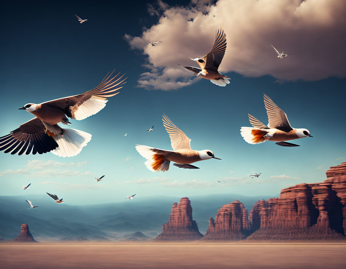 Birds flying over desert mesas under cloudy sky