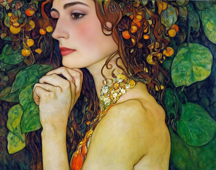 Portrait of woman with thoughtful expression in lush greenery and orange fruits, adorned with intricate floral patterns.