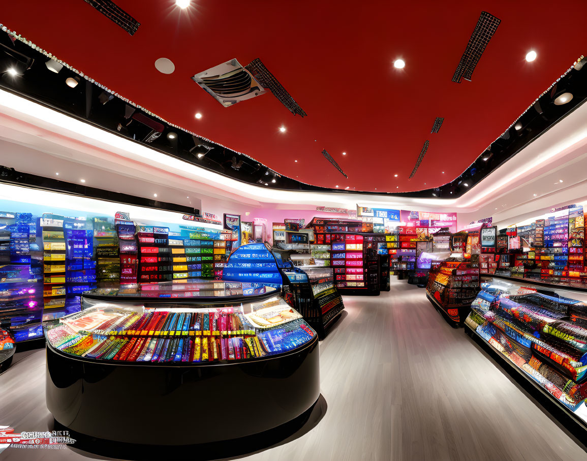 Colorful candy store interior with bright lights, assorted sweets, red ceiling, and sleek displays