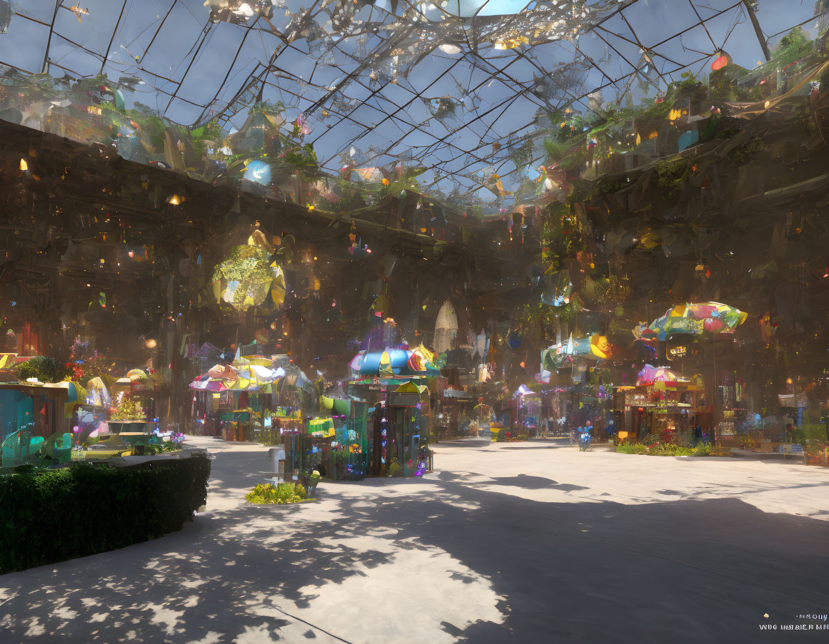 Colorful Underground Market with Glass Ceiling and Fairy Lights