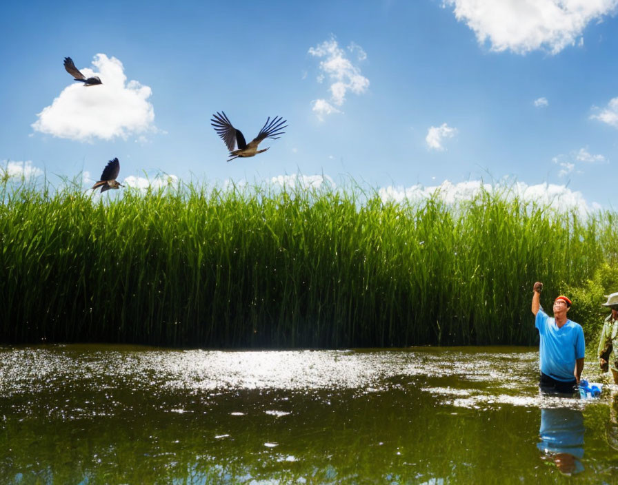 Person in Blue Shirt Standing in Water Near Tall Grass with Birds Flying - Sunny Sky