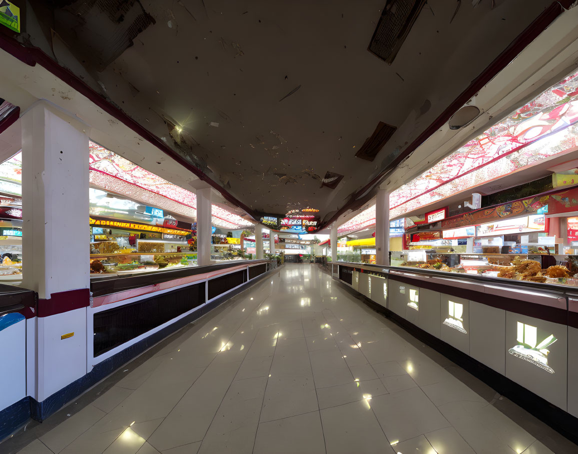 Indoor Market with Food Stalls, Tiled Floor, and Bright Lighting