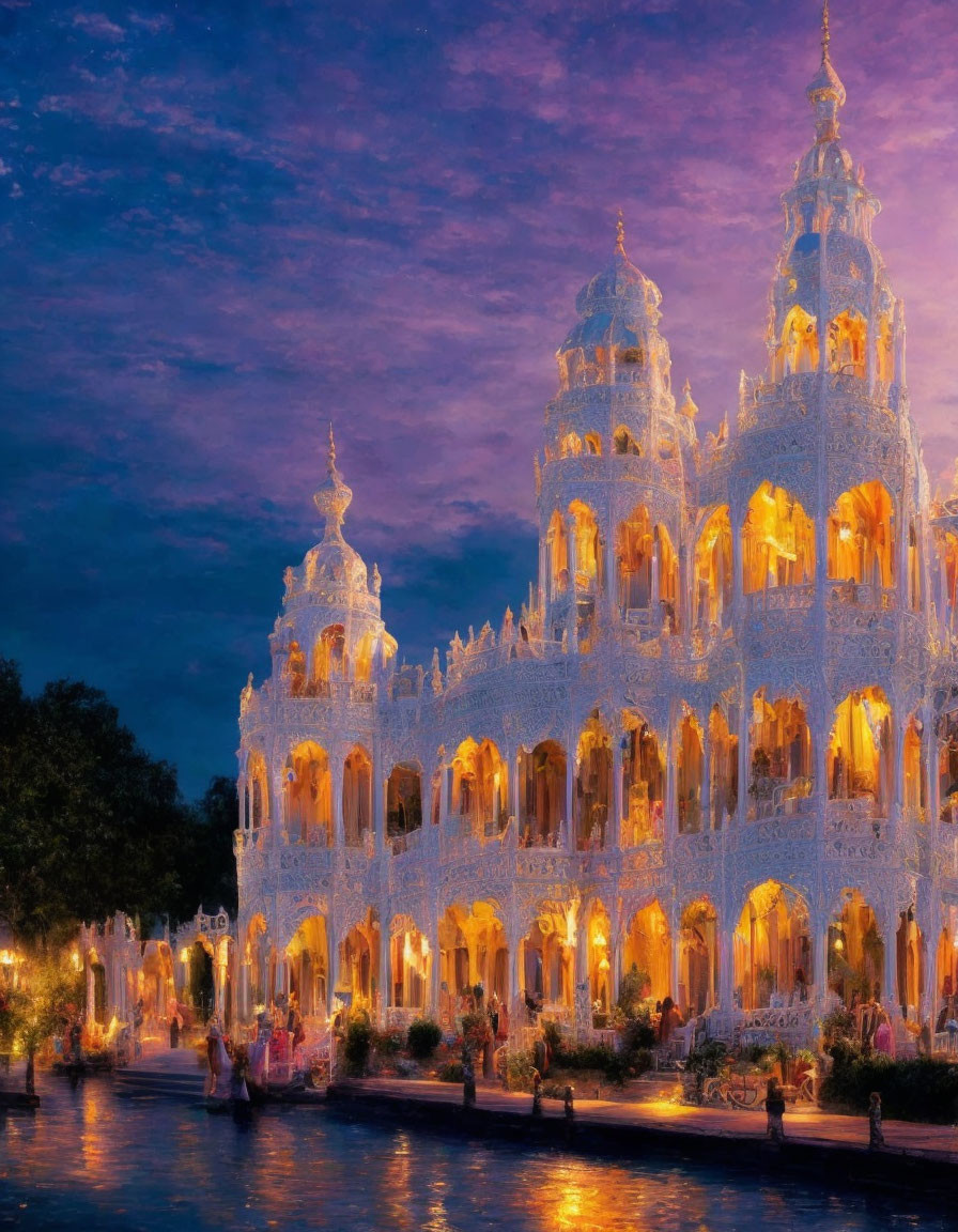 Ornate Building Illuminated at Dusk with Purple Sky