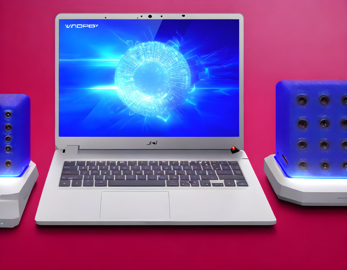 White Laptop with Glowing Blue Screen Wallpaper and Illuminated Speakers on Pink Background