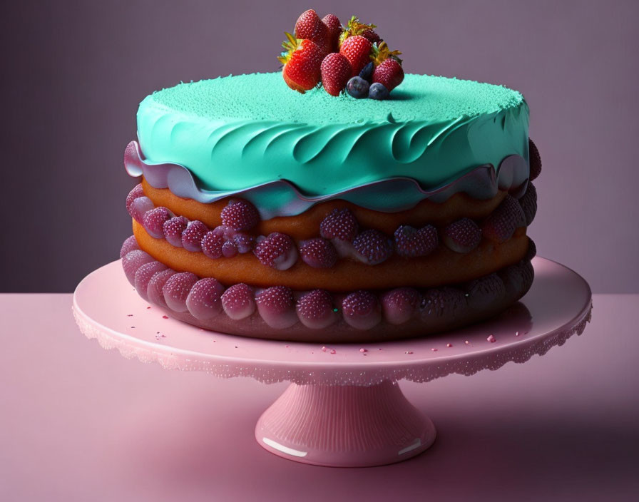 Layered sponge cake with turquoise icing and berries on pink stand