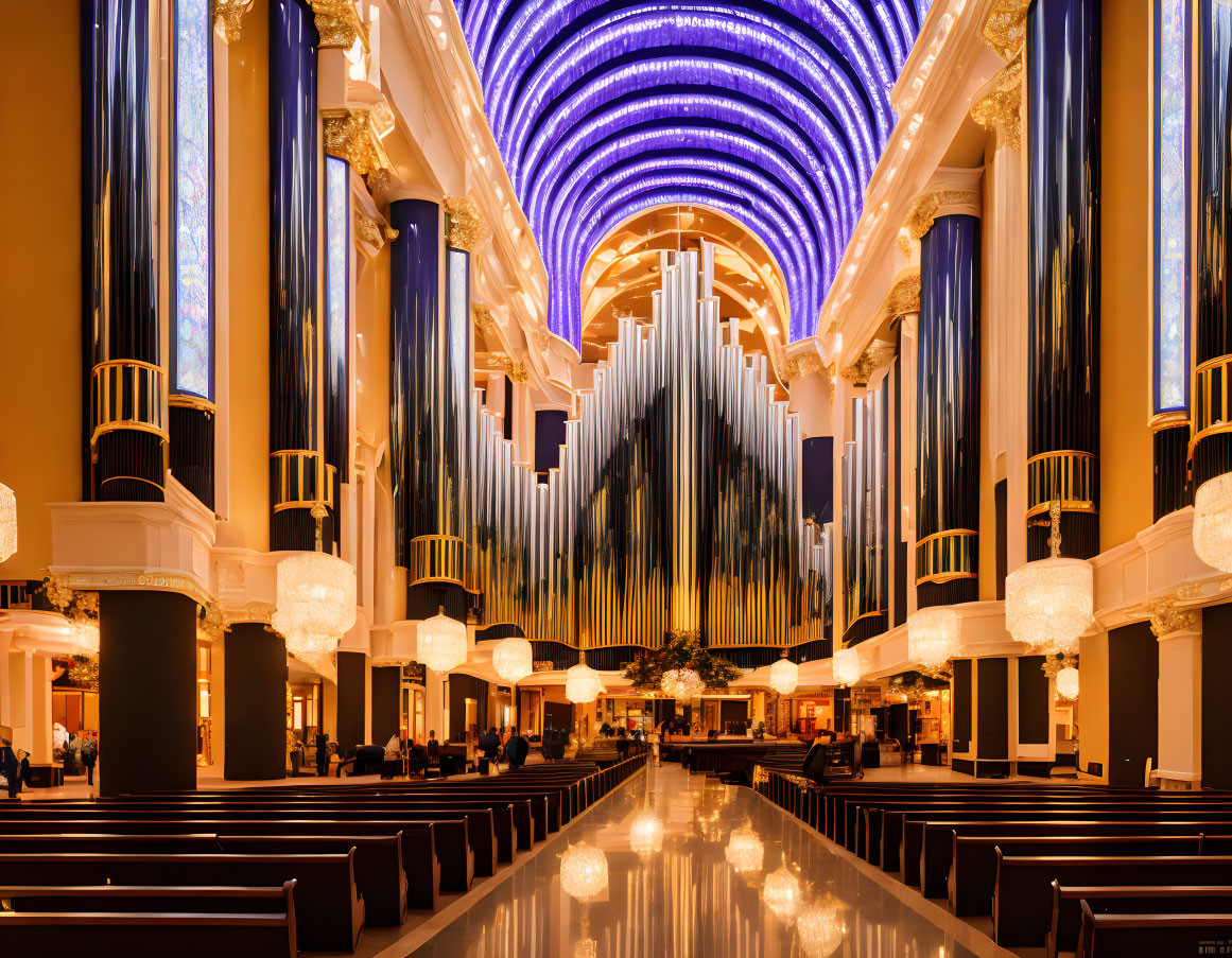 Elegant interior with high ceilings, blue lighting, columns, modern lights, and organ.