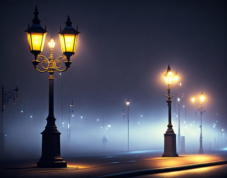 Misty Night Street Scene with Vintage Lampposts