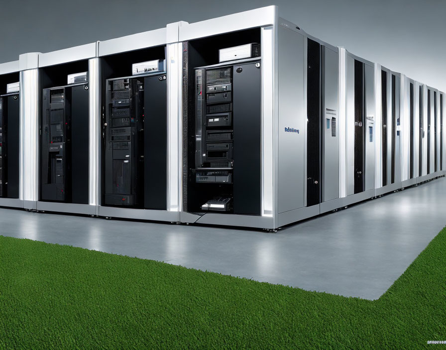 Modern data center server racks on green grass floor.