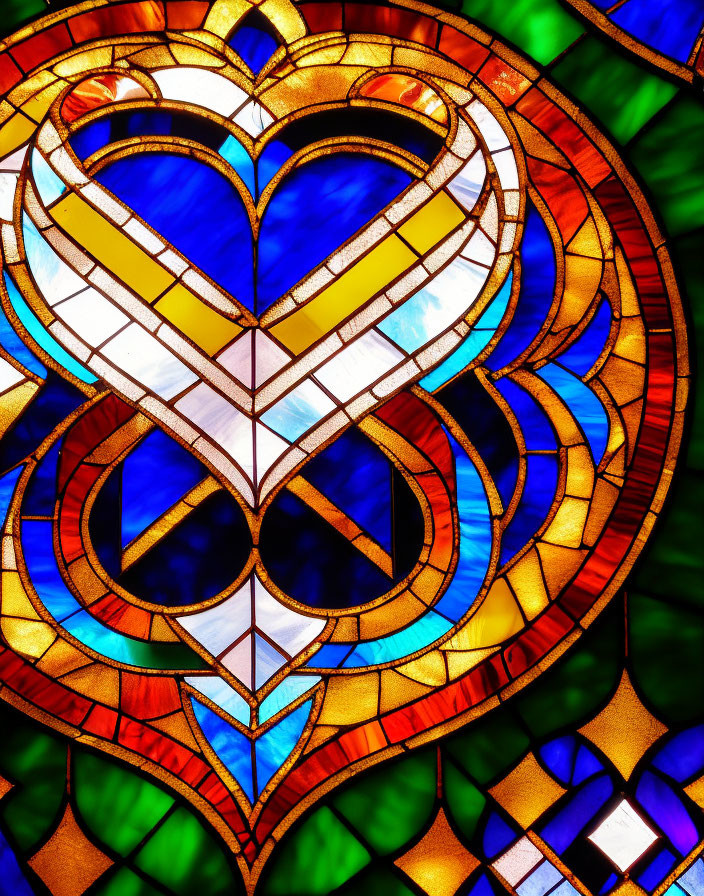 Colorful Heart Design Stained Glass Window in Blue, Gold, and Red