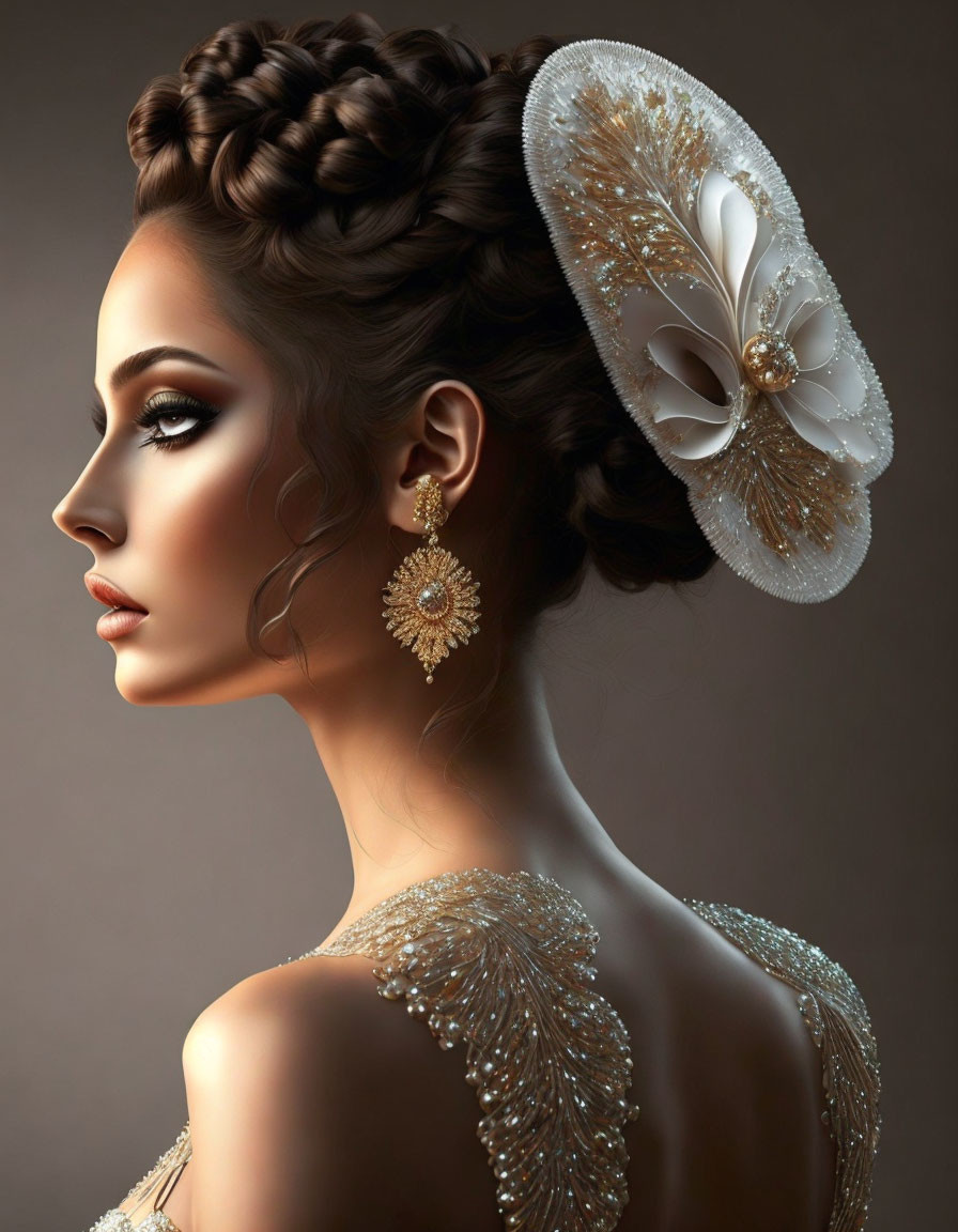 Elaborate braided updo with flower hairpiece and beaded dress portrait