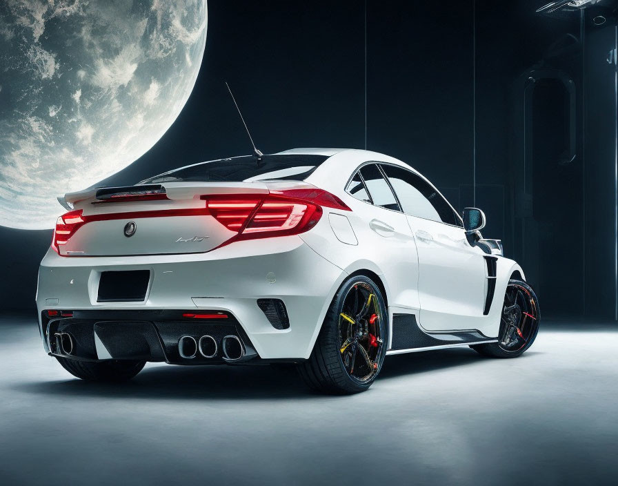 White performance car with rear spoiler under moonlight spotlight