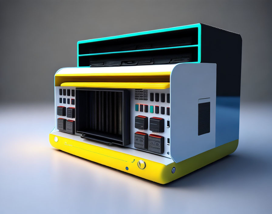 Colorful vintage cassette player on yellow base against neutral background