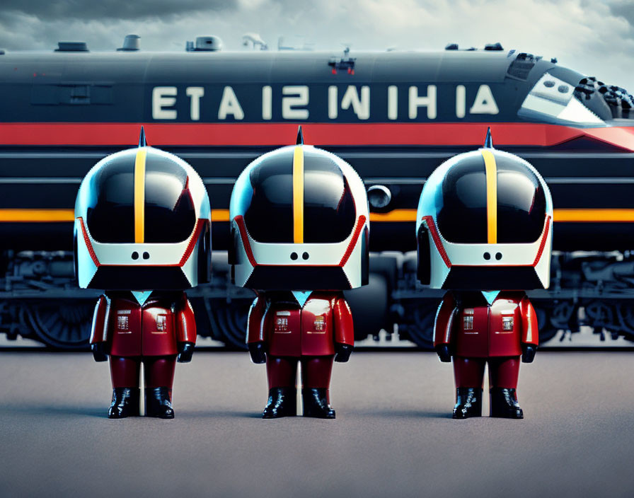 Three red and white futuristic toy robots by AI train under moody sky