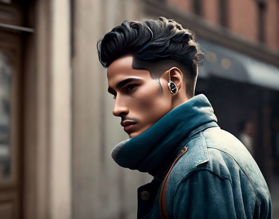 Fashionable man with modern hairstyle in denim jacket and teal scarf on city street