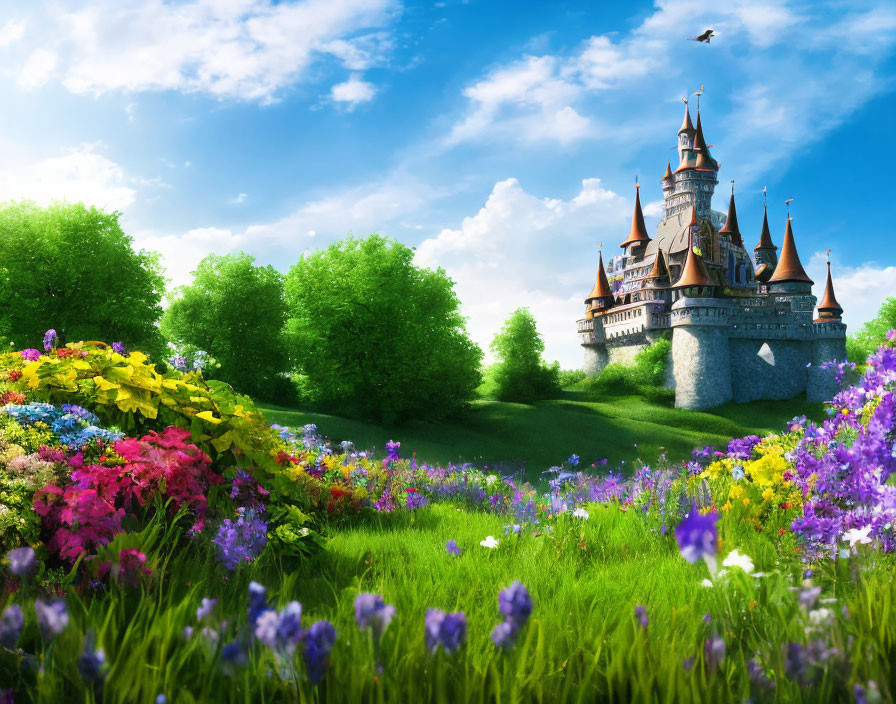 Majestic castle in vibrant fantasy landscape